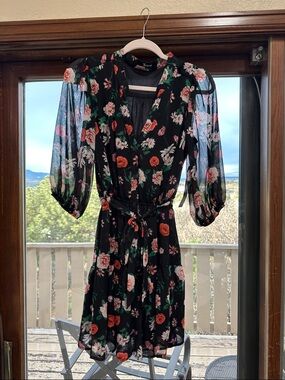 Trixxi Black Floral V-Neck Belted Mini Dress